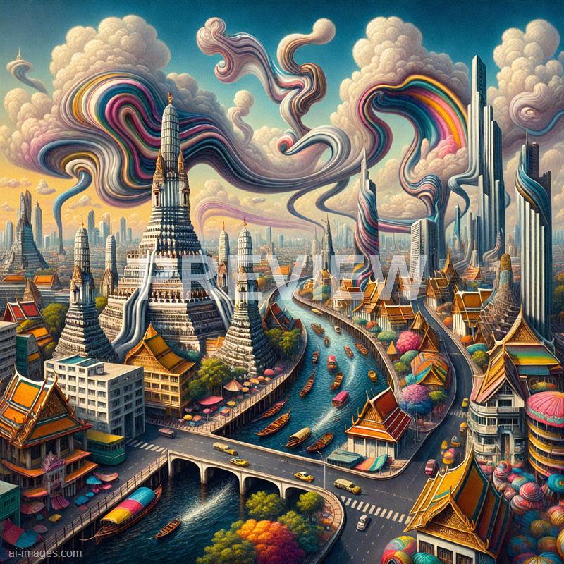 The image depicts a fantastical cityscape with a blend of traditional Asian-style buildings and futuristic skyscrapers. The scene features a river winding through the city, with boats floating on the water and a bridge crossing over it. Towering above are large, ornate structures that resemble temples, combined with towering modern buildings, all surrounded by swirling, colorful clouds and smoke-like formations that add a surreal, dreamy atmosphere to the scene.